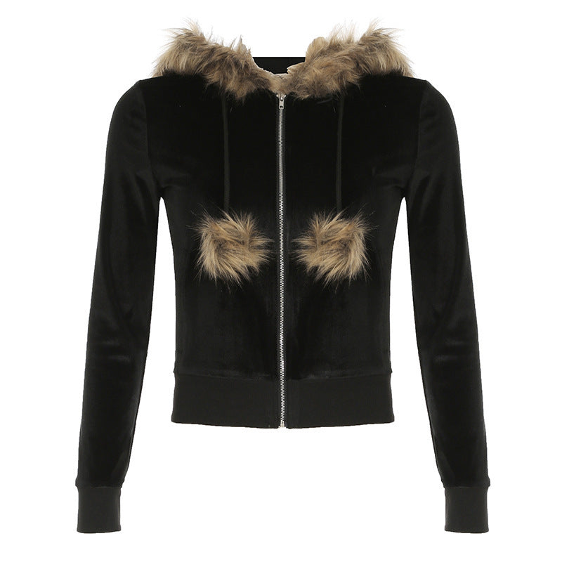 European And American Style Furry Hooded Velvet Coat For Women