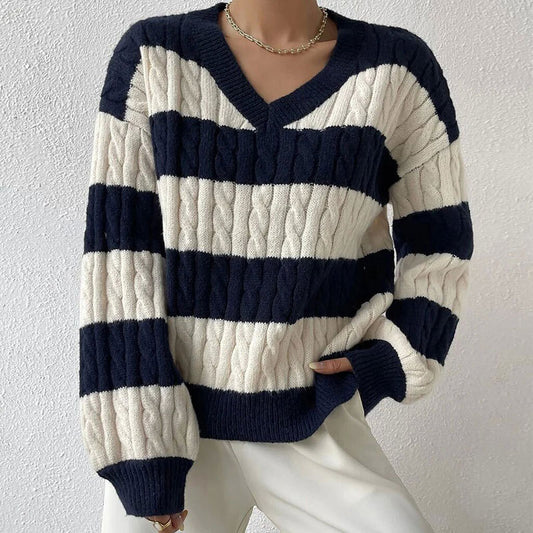 V-neck Long Sleeve Striped All-matching Women's Sweater