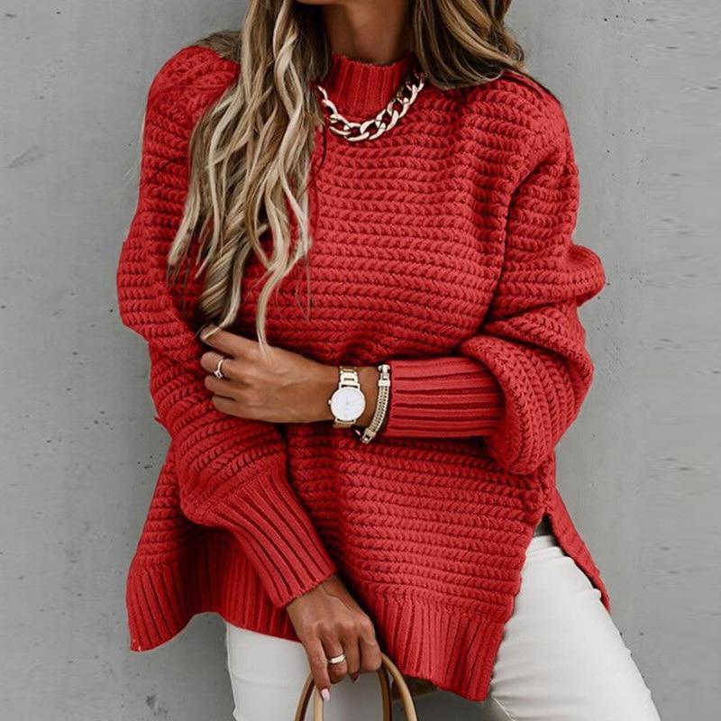 Solid color drawstring side slit knit sweater