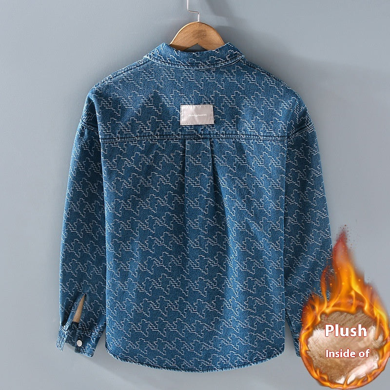 Fashion Casual Denim Woven Flower Fleece-lined Thick Long Sleeve Shirt