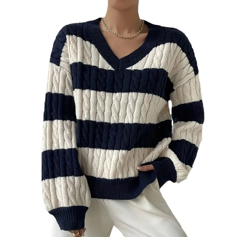 V-neck Long Sleeve Striped All-matching Women's Sweater