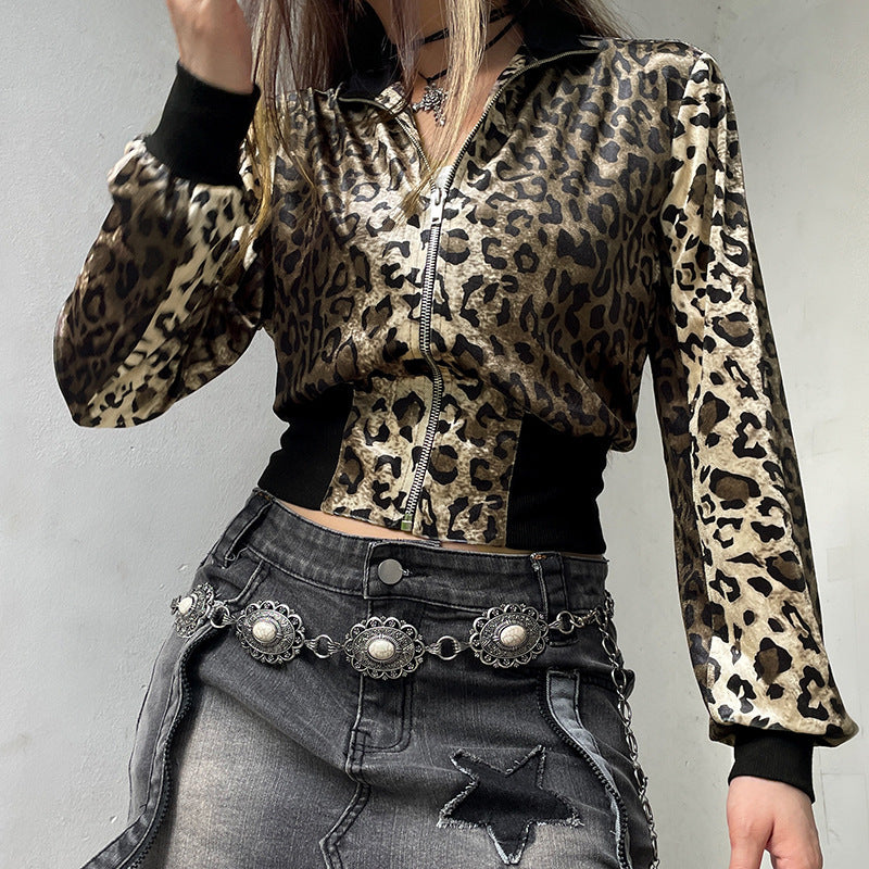 European And American Style Leopard Print Gradient Turtleneck Hot Girl Jacket