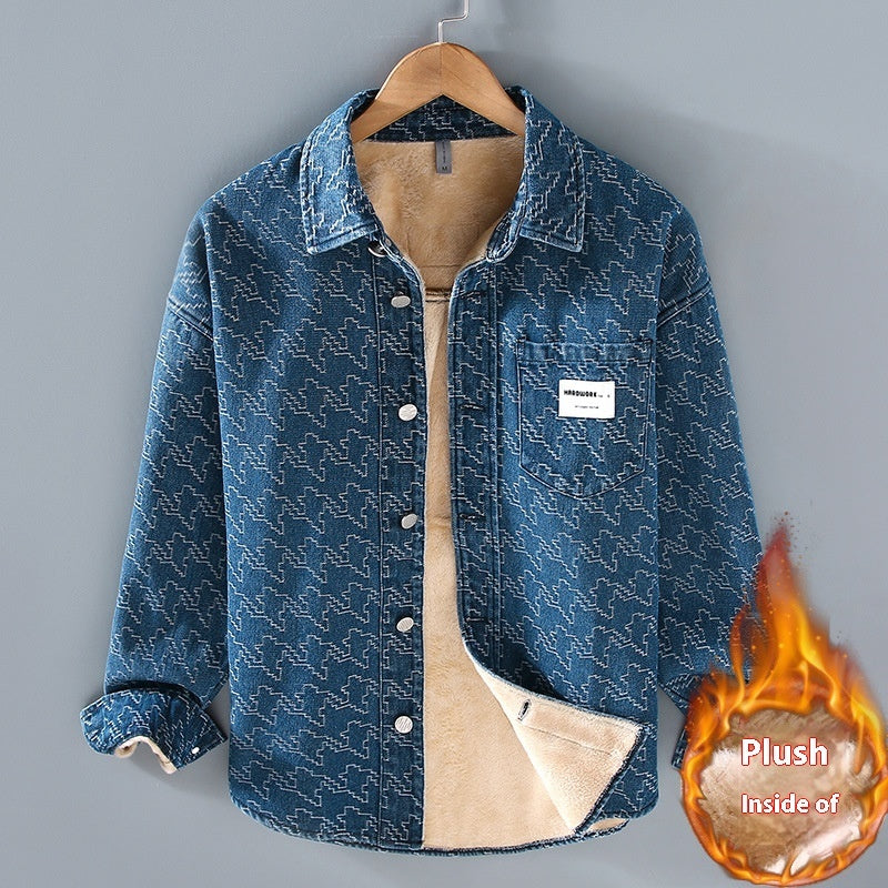 Fashion Casual Denim Woven Flower Fleece-lined Thick Long Sleeve Shirt