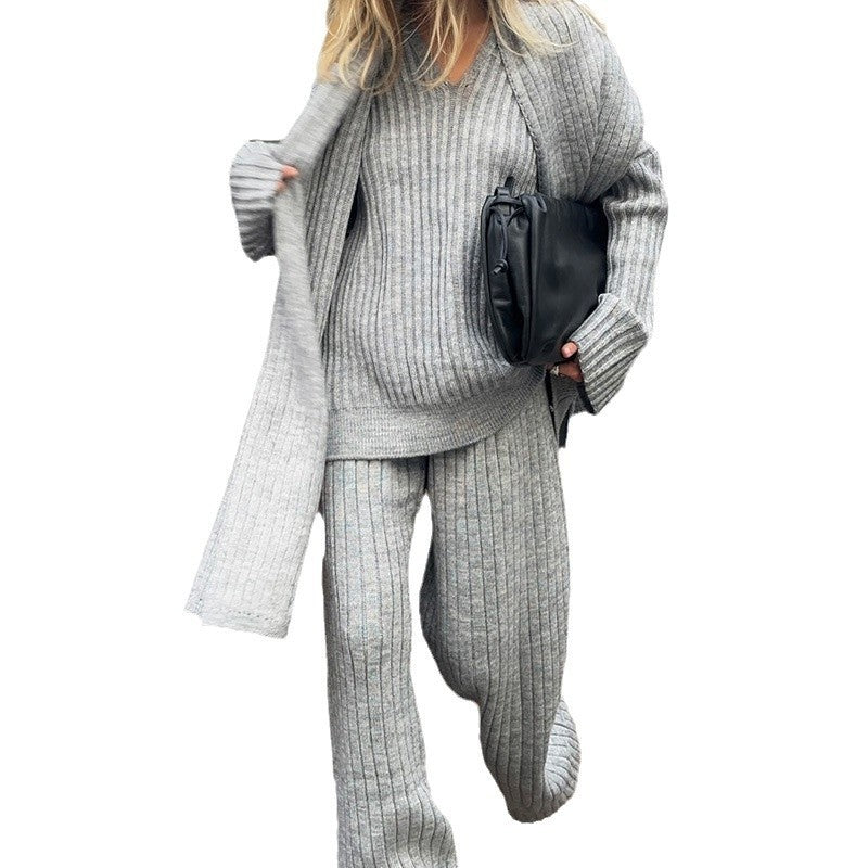 All-match V-neck Long-sleeved Sweater Trousers Suit With Scarf