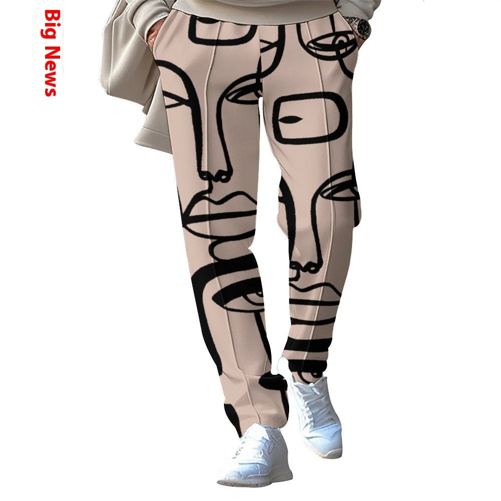 Men's Casual Splicing 3D Printed Loose Straight Leg Pants