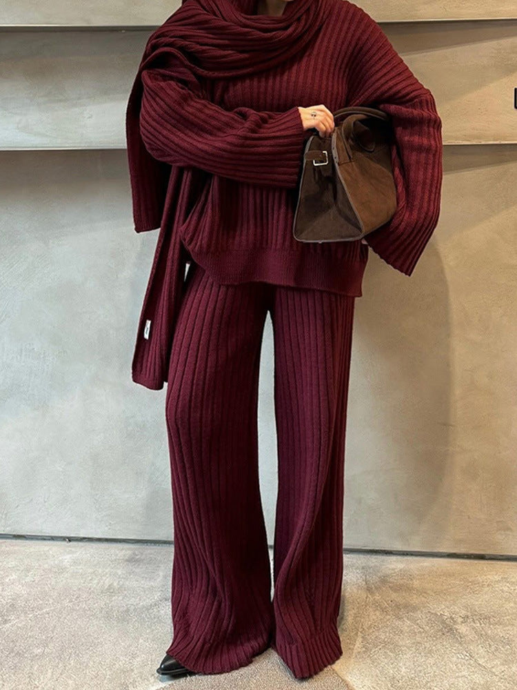 All-match V-neck Long-sleeved Sweater Trousers Suit With Scarf