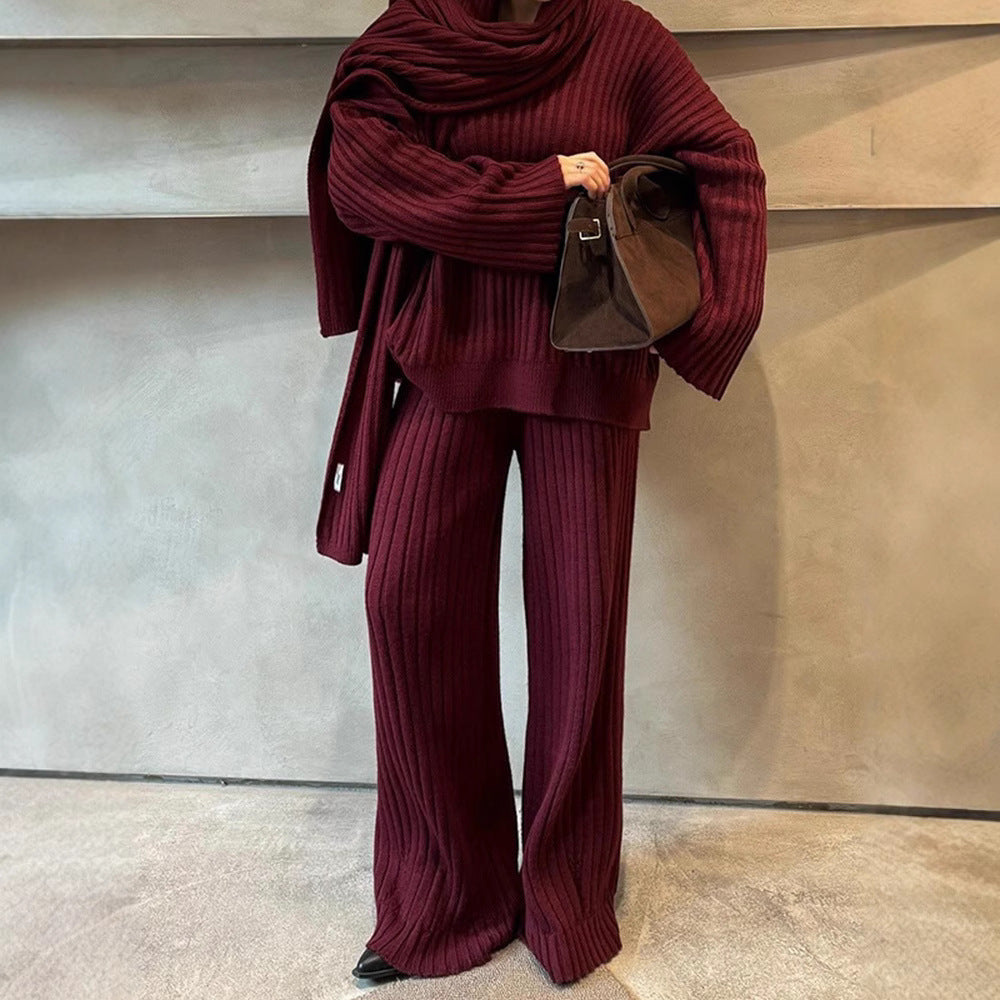 All-match V-neck Long-sleeved Sweater Trousers Suit With Scarf