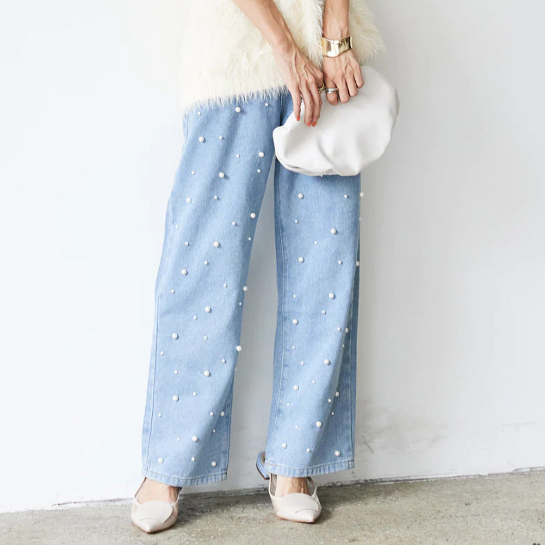 Heavy Industry Nail Pearl Buckle Women's Jeans Casual Loose Trousers