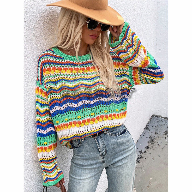 European and American patchwork knitted sweater, loose-fitting, color-blocked, foreign trade, round-neck stripes Women's sweater