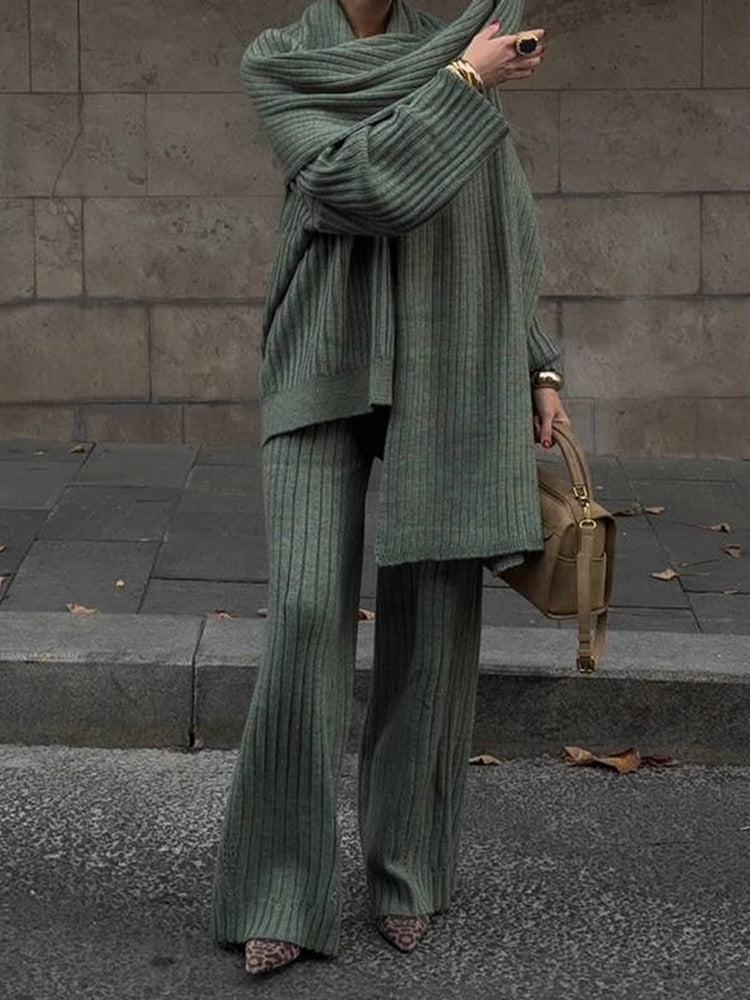 All-match V-neck Long-sleeved Sweater Trousers Suit With Scarf